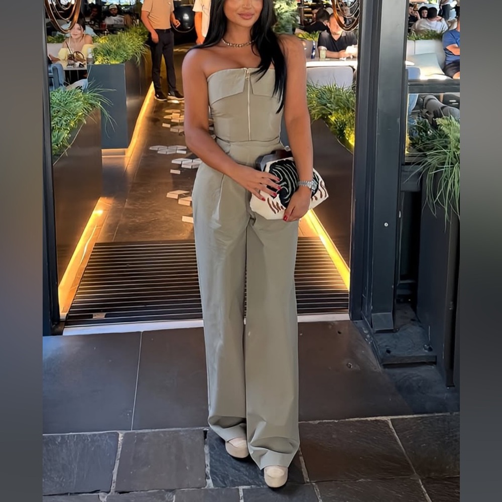 Zara NWT pale olive green zipper front foldover strapless bandeau tube jumpsuit - Picture 4 of 17